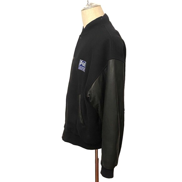 Vtg LAMASZ Wool Bomber Jacket Men's XL Black Leather Fox Sports TV Rocky Mtn - Picture 2 of 9